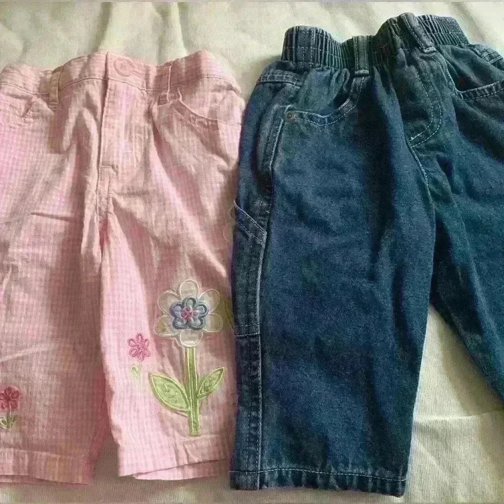 2 pc Cargo Jeans, Elastic Waist & Pink Floral Embroidered Gingham Pants